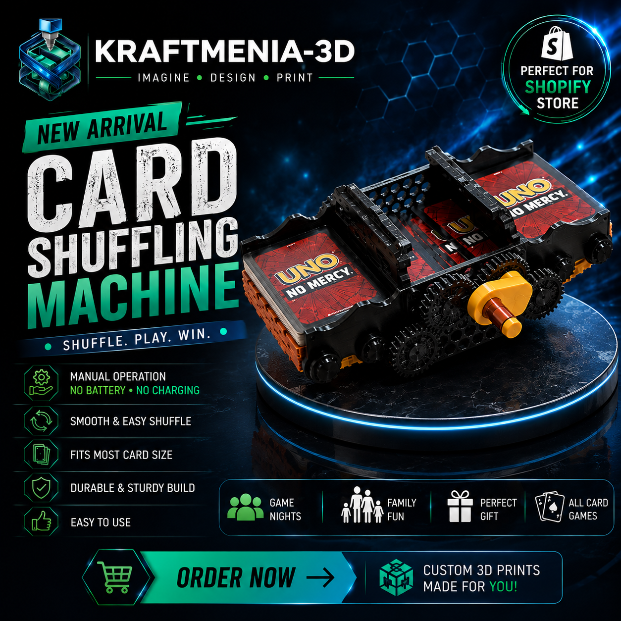 Manual Card Shuffling Machine | Premium 3D Printed Card Shuffler | No Battery Required | Compatible with UNO & Standard Playing Cards