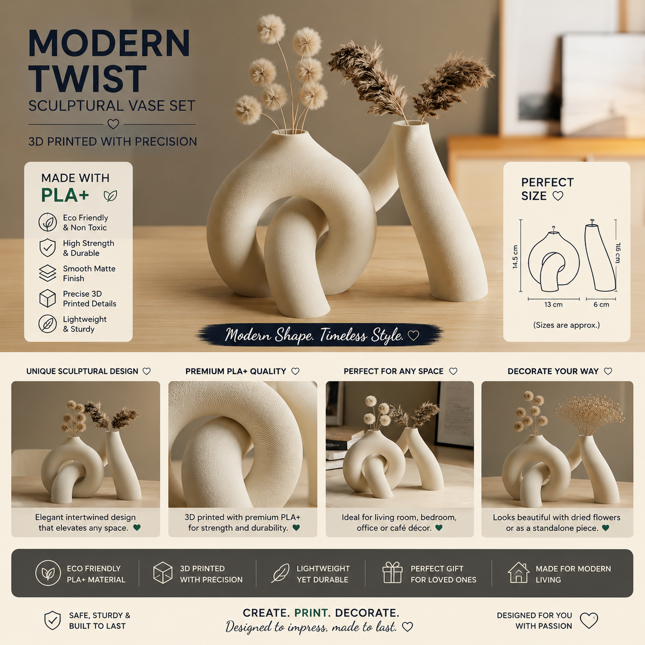 Modern Twist Sculptural Vase Set | Premium PLA+ 3D Printed Decor