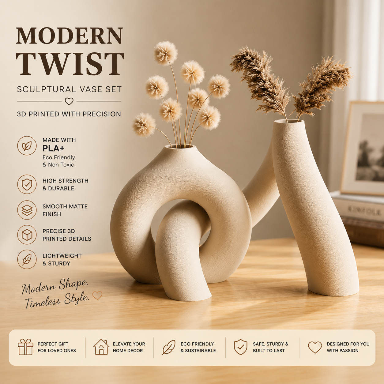 Modern Twist Sculptural Vase Set | Premium PLA+ 3D Printed Decor