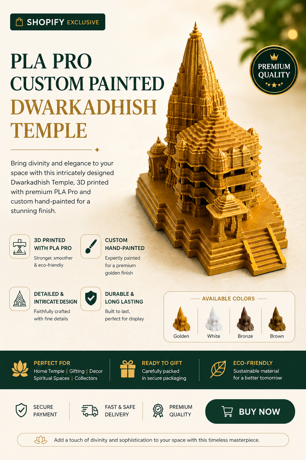 PLA Pro Custom Painted Dwarkadhish Temple | Premium 3D Printed Hindu Temple Decor