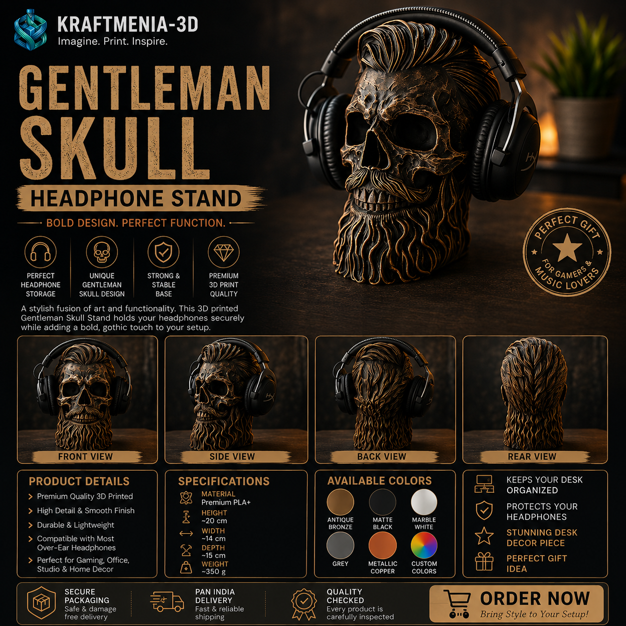 3D Printed Gentleman Skull Headphone Stand | Gothic Desk Organizer | Premium Headset Holder