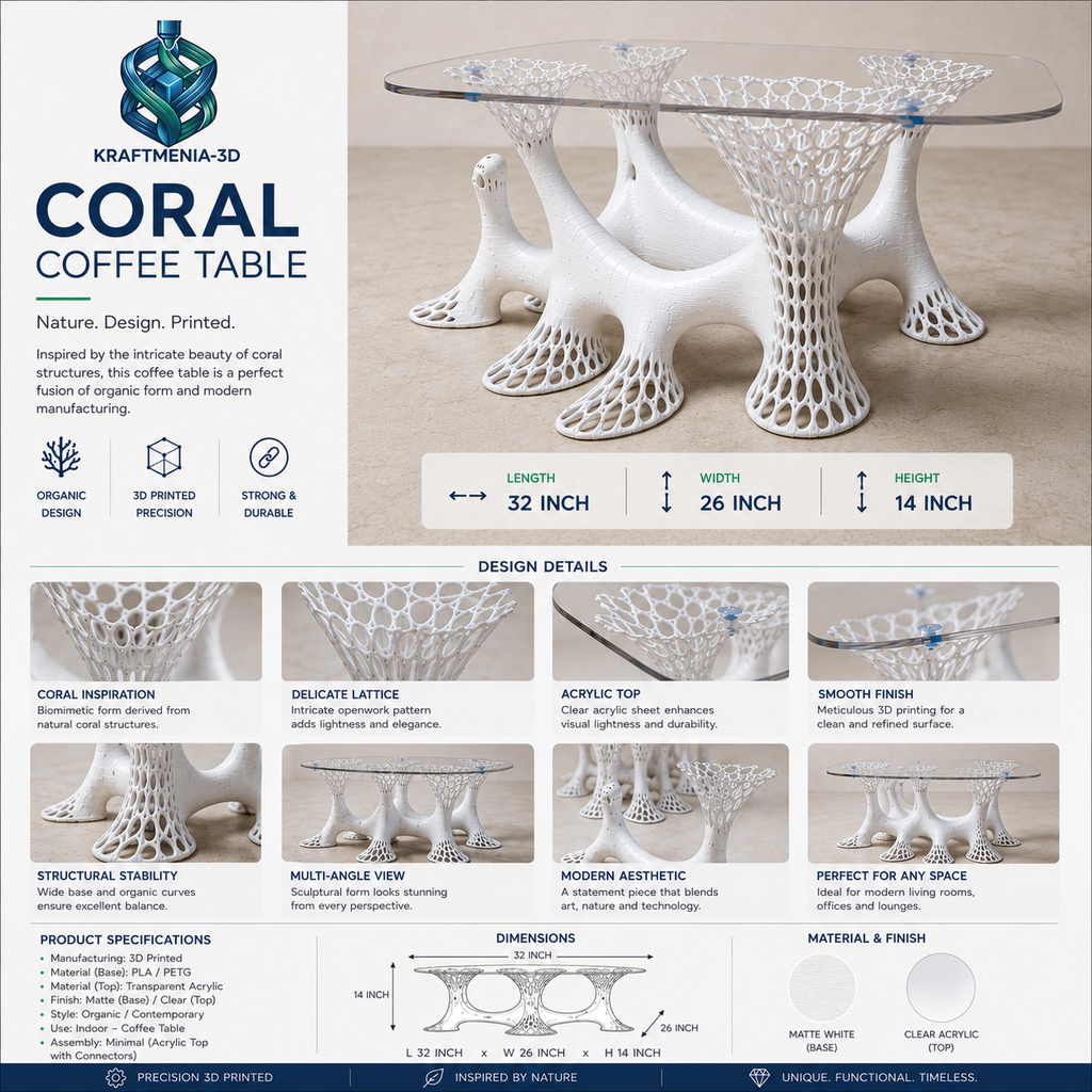 3D Printed Coral Coffee Table | Modern Designer Center Table | Organic Sculptural Living Room Furniture