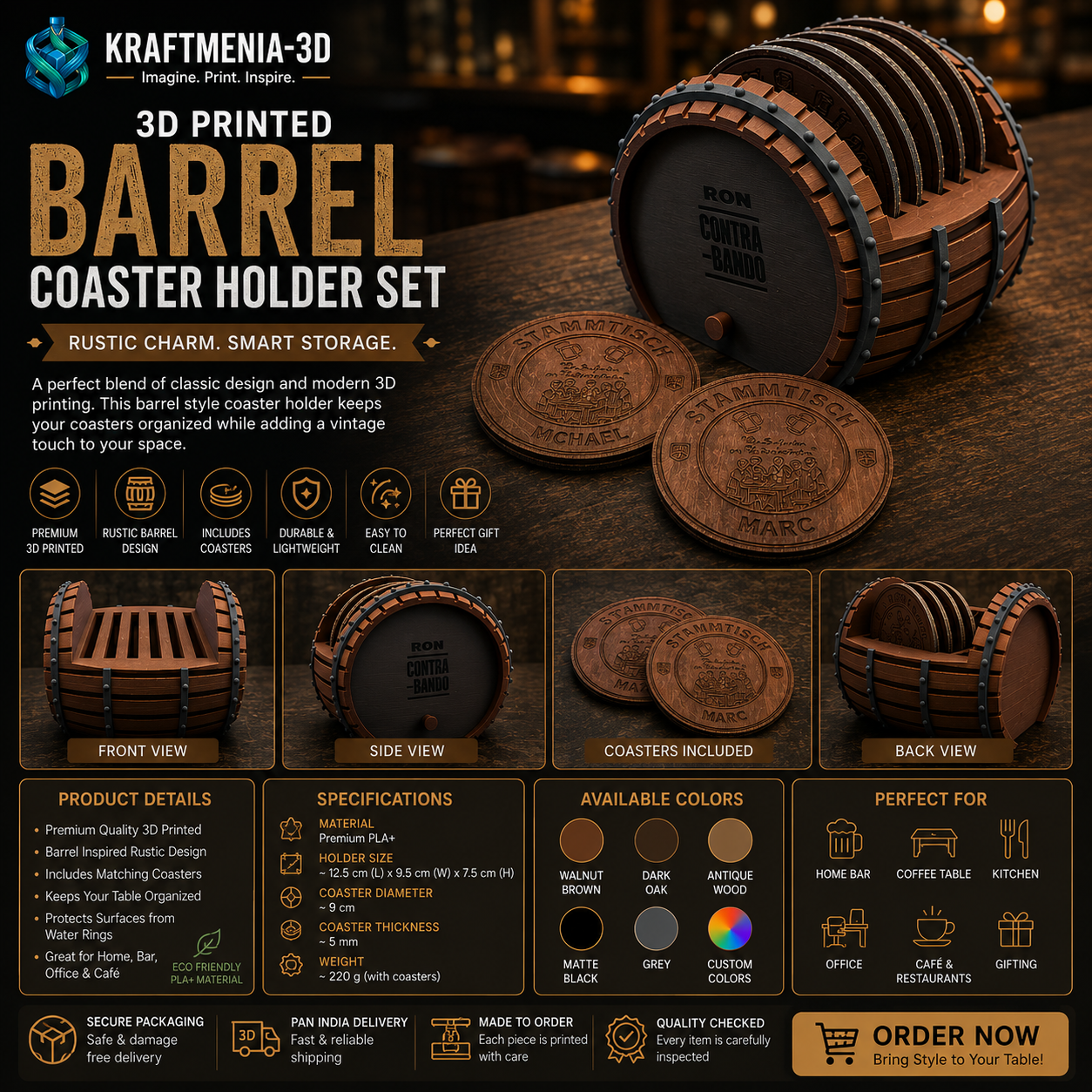 3D Printed Barrel Coaster Holder Set | Rustic Drink Coaster Organizer | Wooden Barrel Style Table Decor