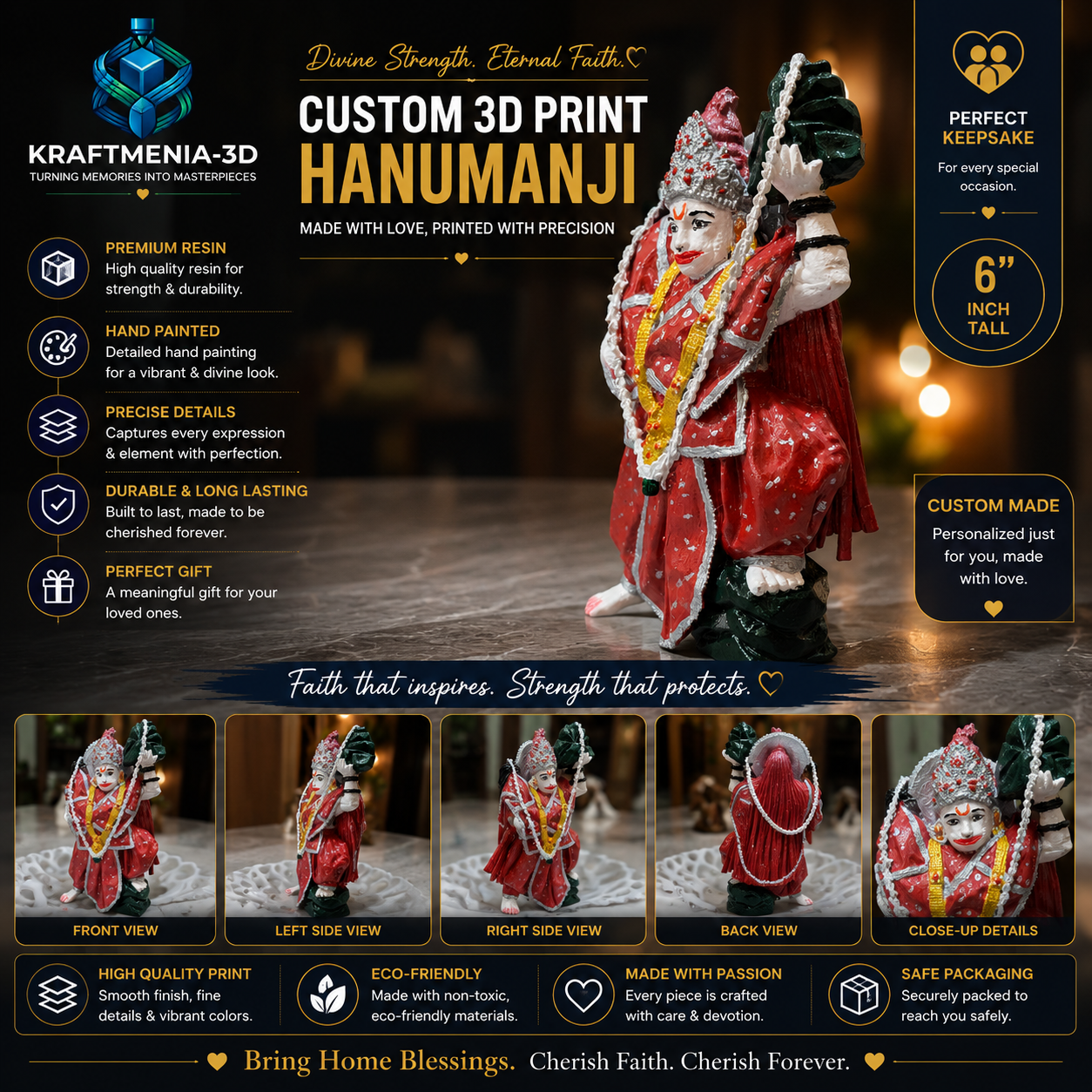 6 Inch Hanumanji Resin Statue | Hand Painted Religious Decor