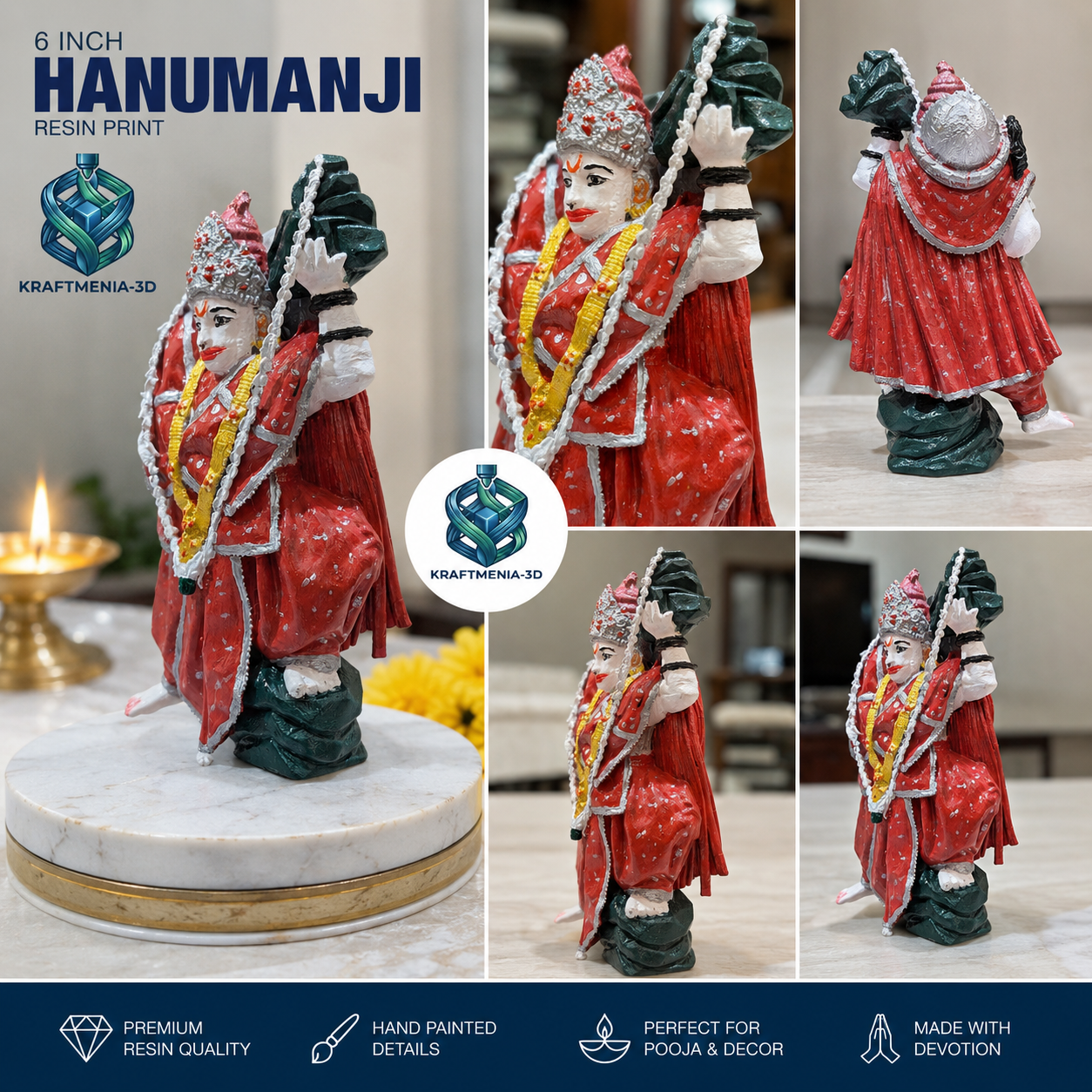 6 Inch Hanumanji Resin Statue | Hand Painted Religious Decor