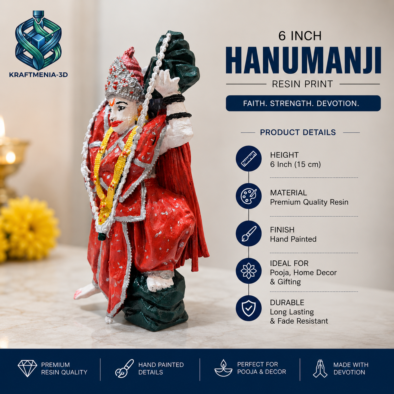 6 Inch Hanumanji Resin Statue | Hand Painted Religious Decor