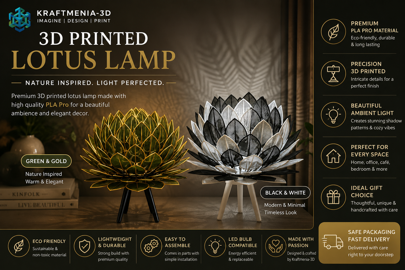 3D Printed Lotus Ambient Table Lamp | Modern PLA Home Decor | Kraftmenia-3D