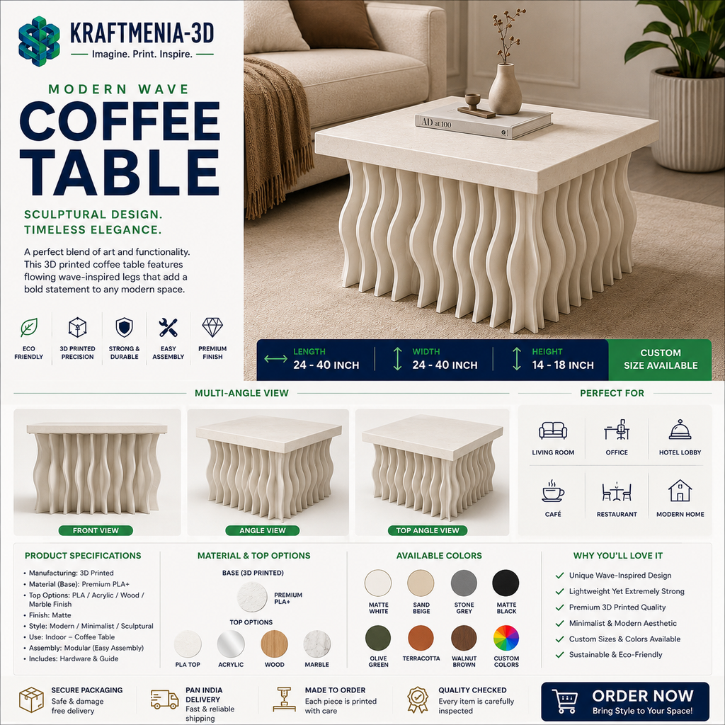 Modern Wave Coffee Table | 3D Printed Sculptural Center Table | Contemporary Living Room Furniture